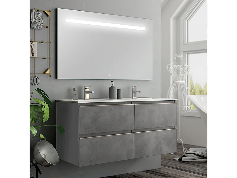Meuble de salle de bain double vasque - 4 tiroirs - BALEA et miroir Led STAM - ciment (gris) - 120cm