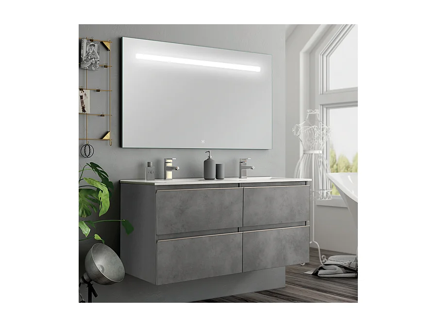 Meuble de salle de bain double vasque - 4 tiroirs - BALEA et miroir Led STAM - ciment (gris) - 120cm