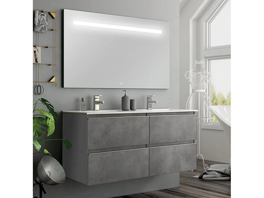 Meuble de salle de bain double vasque - 4 tiroirs - BALEA et miroir Led STAM - ciment (gris) - 120cm