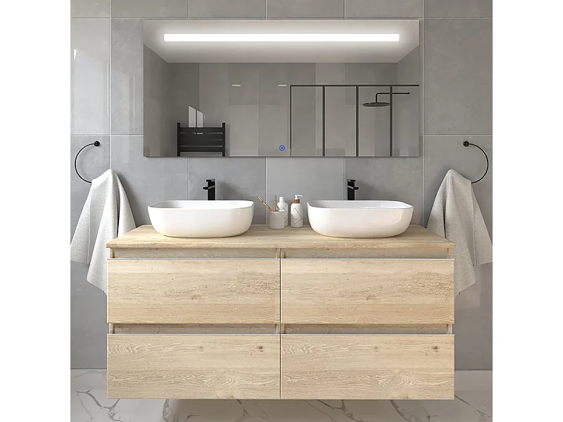 Meuble de salle de bain avec vasques à bords arrondies BALEA et miroir Led STAM - Bambou (chêne clair) - 120cm