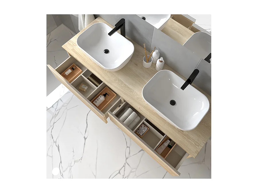 Meuble de salle de bain avec vasques à bords arrondies BALEA et miroir Led STAM - Bambou (chêne clair) - 120cm