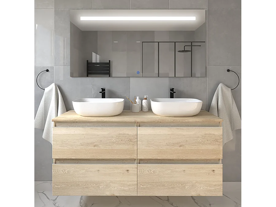 Meuble de salle de bain avec vasques à bords arrondies BALEA et miroir Led STAM - Bambou (chêne clair) - 120cm
