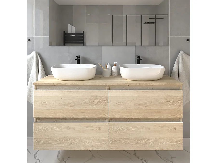 Meuble de salle de bain avec vasques à bords arrondies BALEA et miroir Led STAM - Bambou (chêne clair) - 120cm