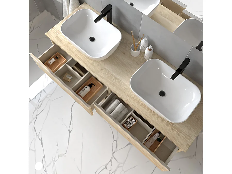 Meuble de salle de bain avec vasques à bords arrondies BALEA et miroir Led STAM - Bambou (chêne clair) - 120cm