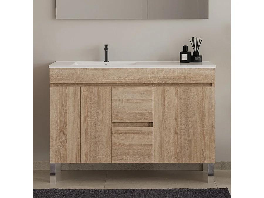 Meuble de salle de bain 120cm sur pieds avec vasque déporté - sans miroir - portes et tiroirs - cambrian (chêne clair) - HARO