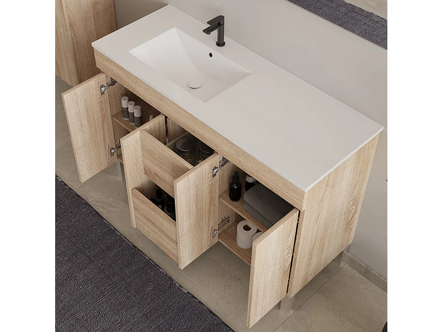 Meuble de salle de bain 120cm sur pieds avec vasque déporté - sans miroir - portes et tiroirs - cambrian (chêne clair) - HARO