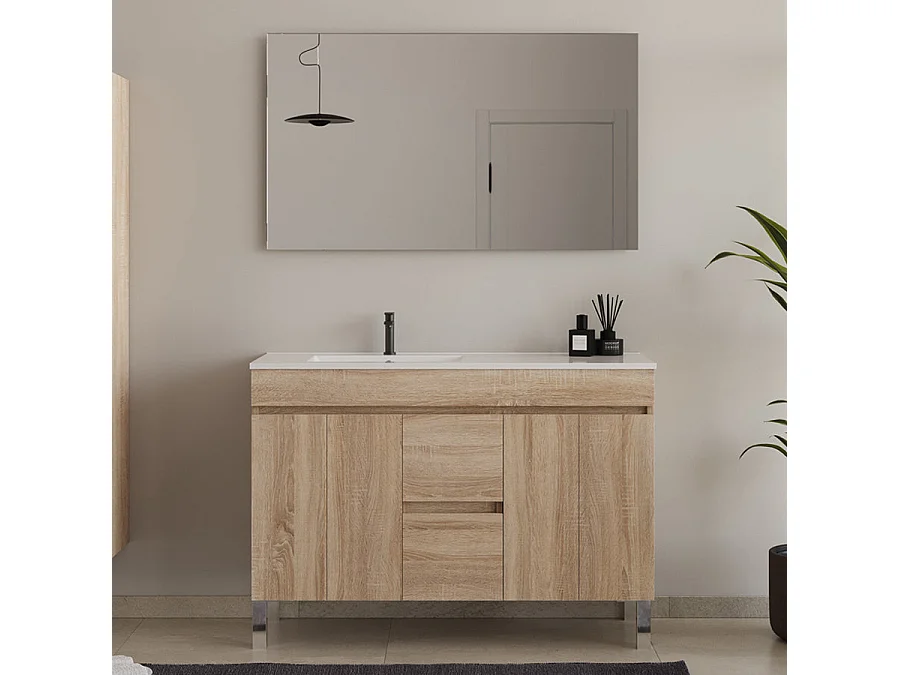 Meuble de salle de bain 120cm sur pieds avec vasque déporté - sans miroir - portes et tiroirs - cambrian (chêne clair) - HARO