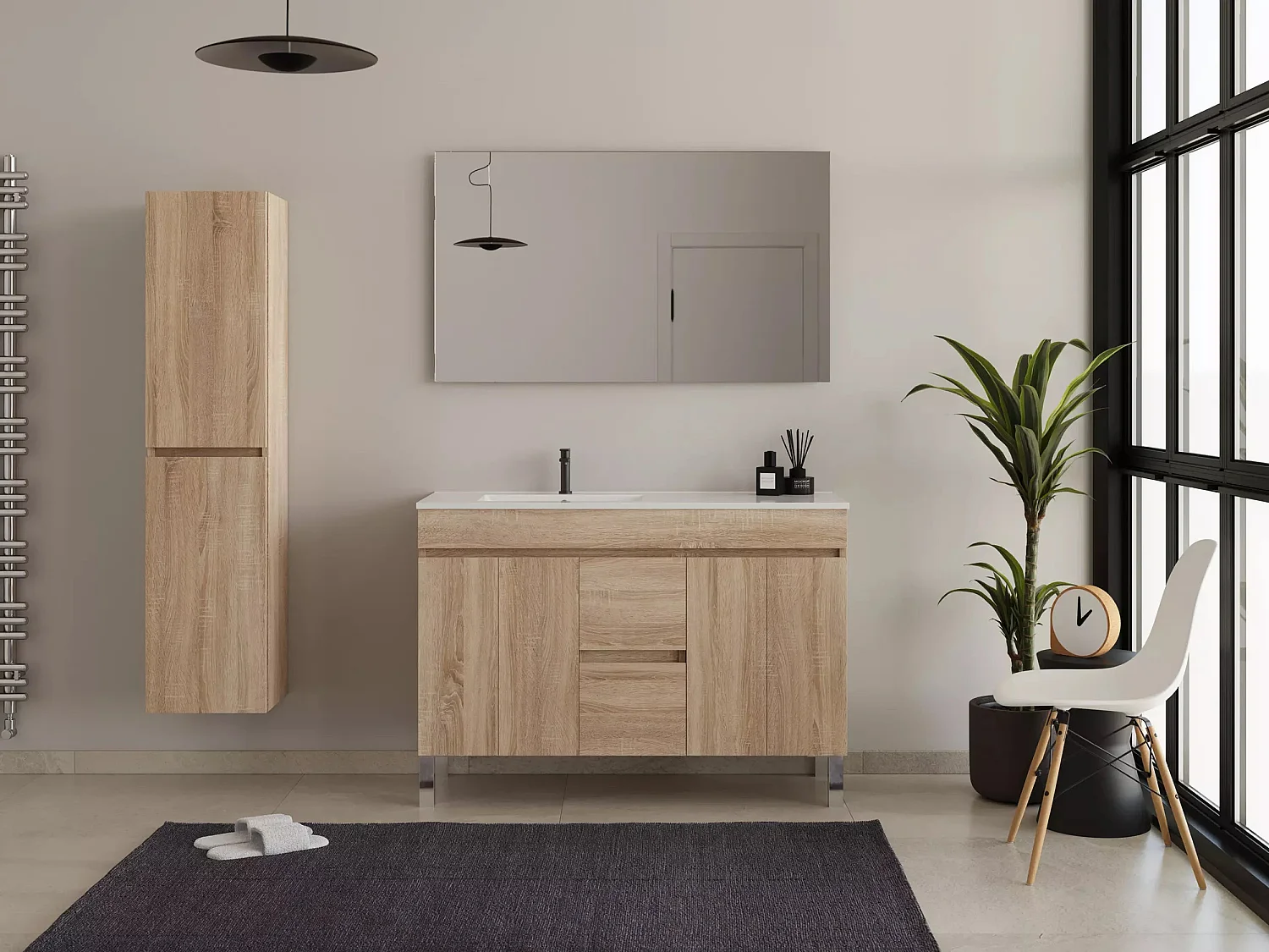 Meuble de salle de bain 120cm sur pieds avec vasque déporté - sans miroir - portes et tiroirs - cambrian (chêne clair) - HARO