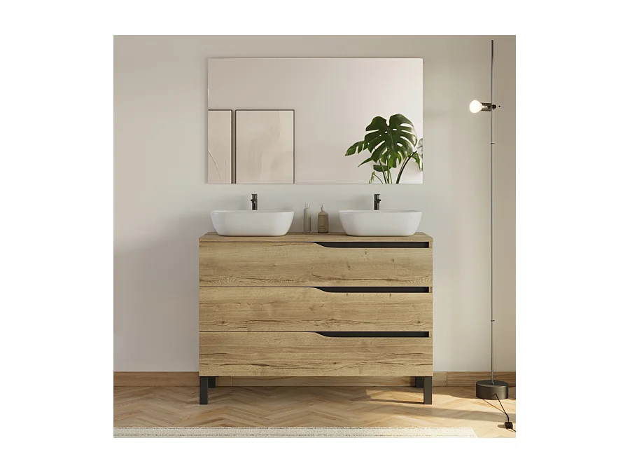 Meuble de salle de bain 120cm avec plateau et 2 vasques à poser Zeus - 3 tiroirs - madera miel (bois clair) - MATA