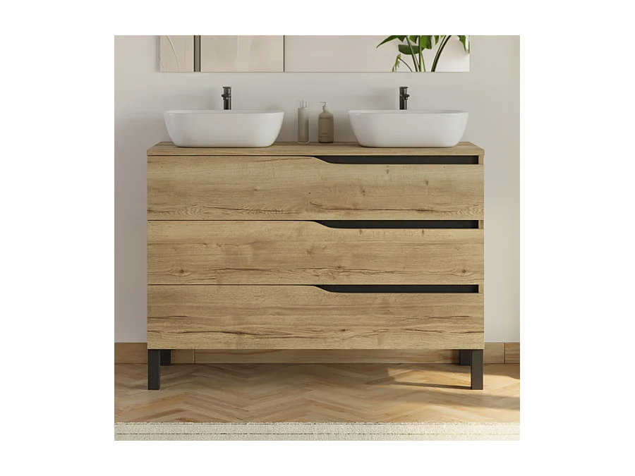 Meuble de salle de bain 120cm avec plateau et 2 vasques à poser Zeus - 3 tiroirs - madera miel (bois clair) - MATA