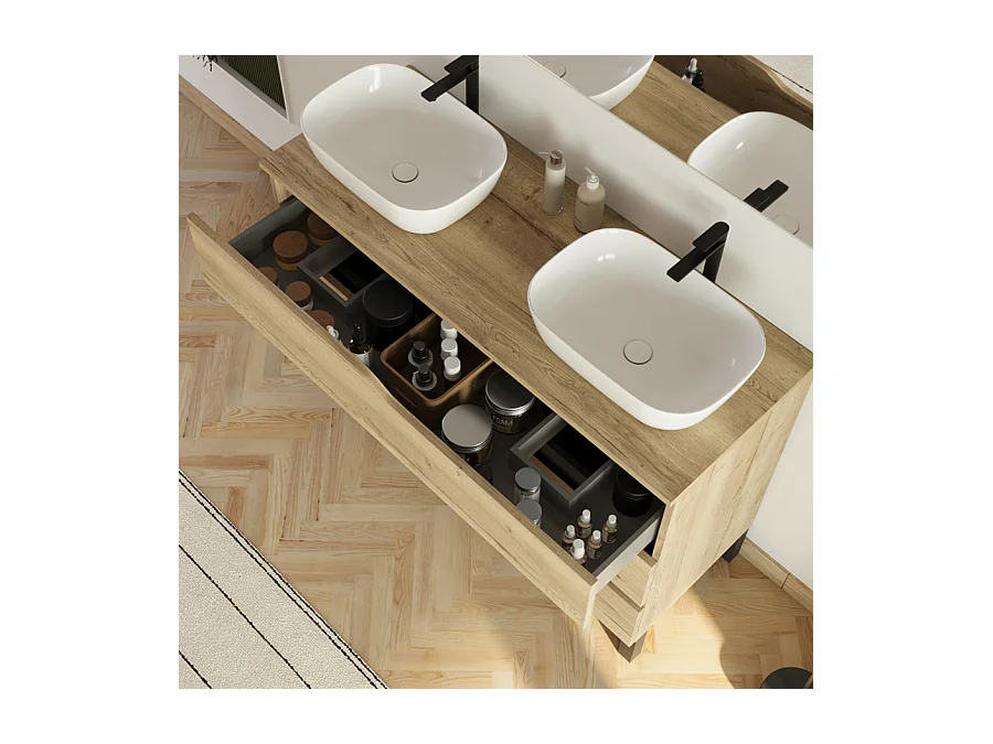 Meuble de salle de bain 120cm avec plateau et 2 vasques à poser Zeus - 3 tiroirs - madera miel (bois clair) - MATA