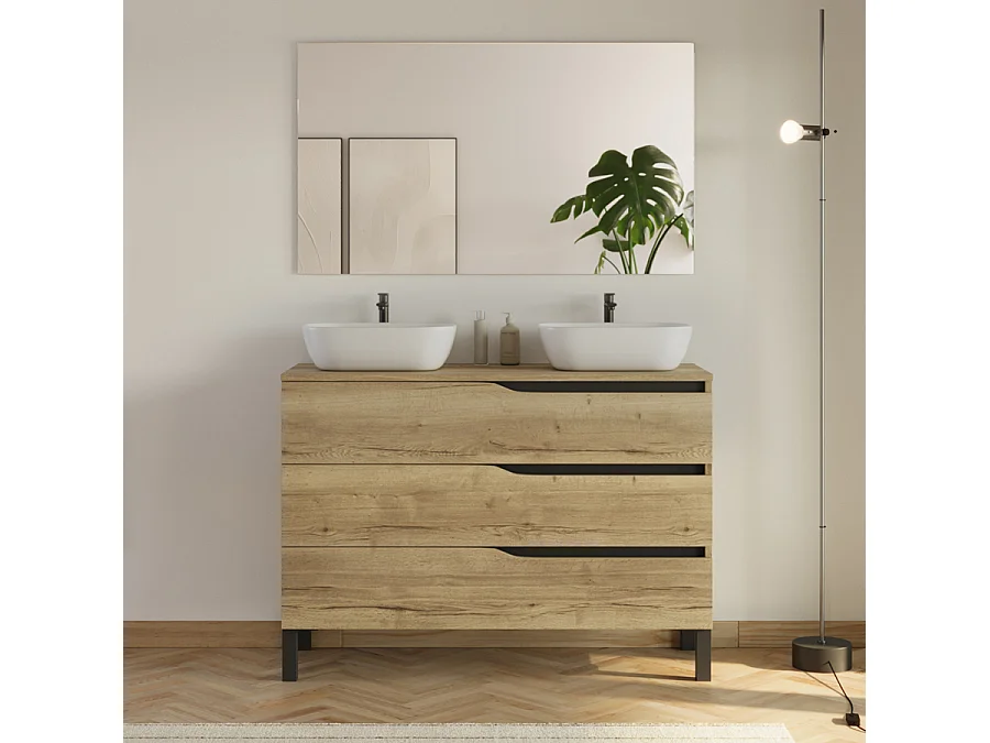 Meuble de salle de bain 120cm avec plateau et 2 vasques à poser Zeus - 3 tiroirs - madera miel (bois clair) - MATA