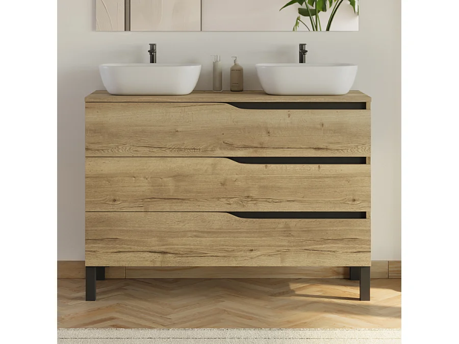 Meuble de salle de bain 120cm avec plateau et 2 vasques à poser Zeus - 3 tiroirs - madera miel (bois clair) - MATA
