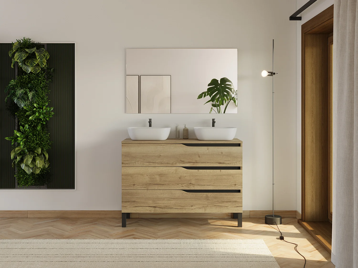 Meuble de salle de bain 120cm avec plateau et 2 vasques à poser Zeus - 3 tiroirs - madera miel (bois clair) - MATA