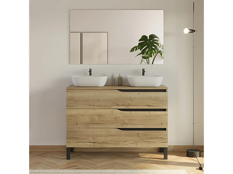 Meuble de salle de bain 120cm avec plateau et 2 vasques à poser Zeus - 3 tiroirs - madera miel (bois clair) - MATA