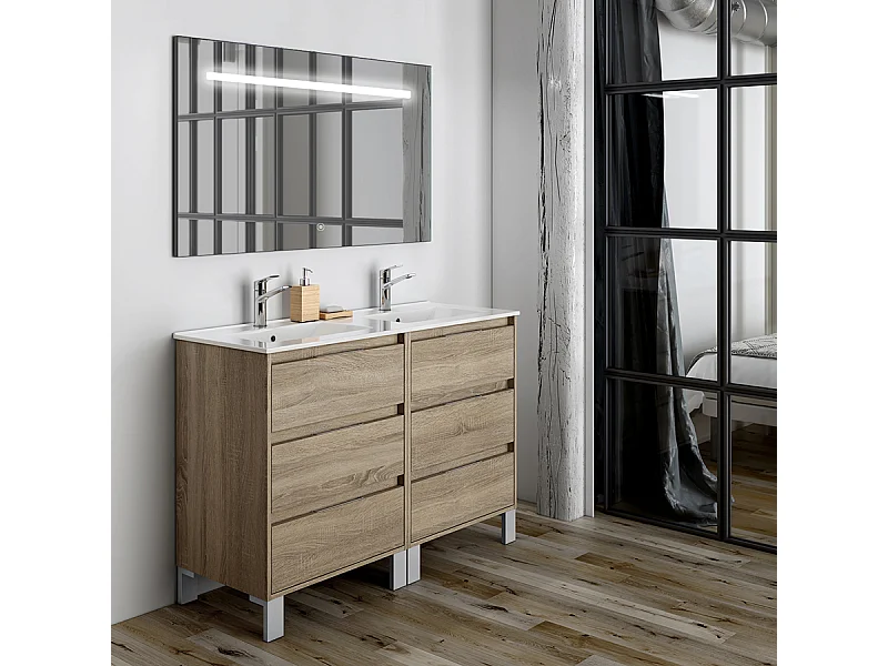 Meuble de salle de bain double vasque - 6 tiroirs - TIRIS 3C et miroir Led STAM - cambrian (chêne) - 120cm
