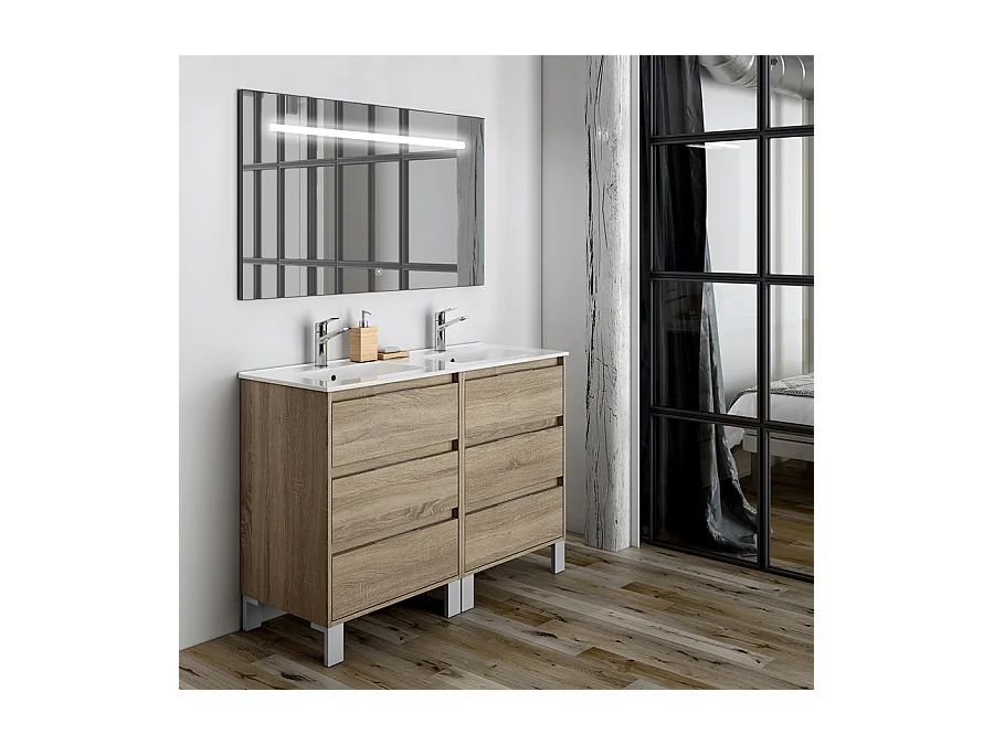 Meuble de salle de bain double vasque - 6 tiroirs - TIRIS 3C et miroir Led STAM - cambrian (chêne) - 120cm