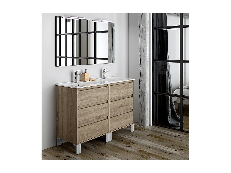 Meuble de salle de bain double vasque - 6 tiroirs - TIRIS 3C et miroir Led STAM - cambrian (chêne) - 120cm