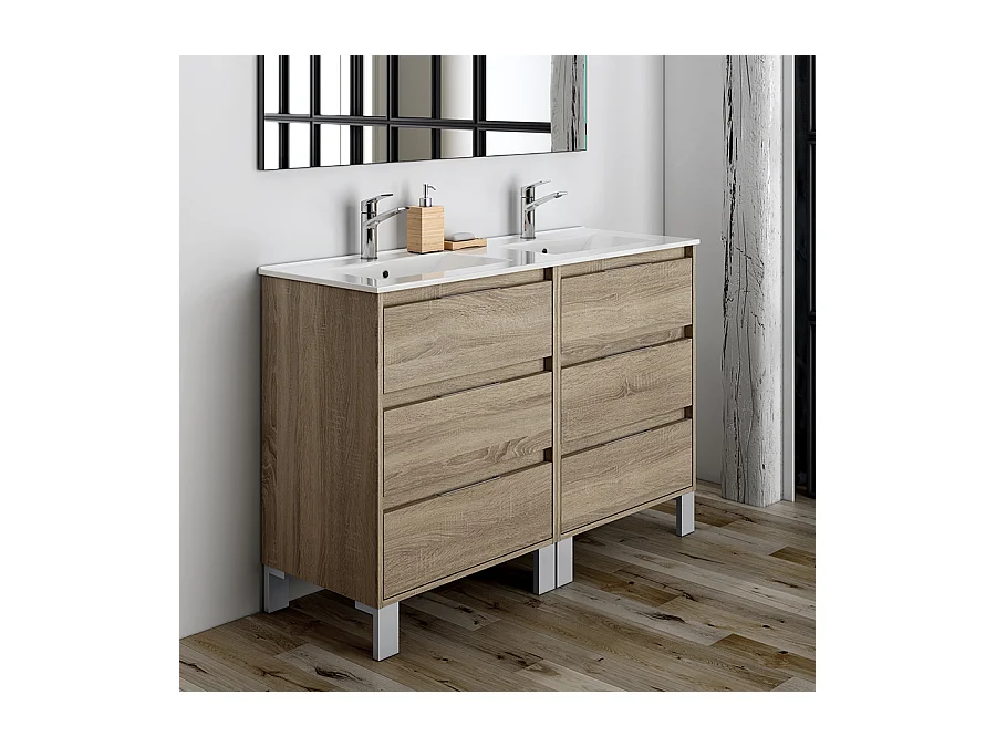 Meuble de salle de bain double vasque - 6 tiroirs - TIRIS 3C et miroir Led STAM - cambrian (chêne) - 120cm