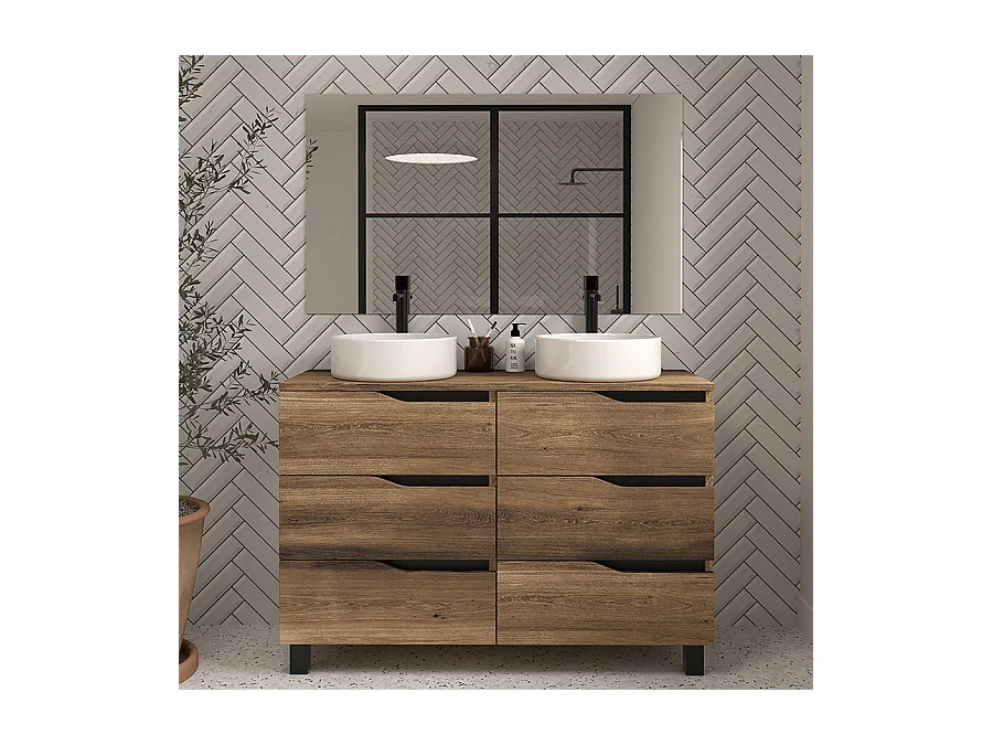 Meuble de salle de bain 120 avec plateau et 2 vasques à poser - 6 tiroirs - tabaco (bois foncé) - MATA