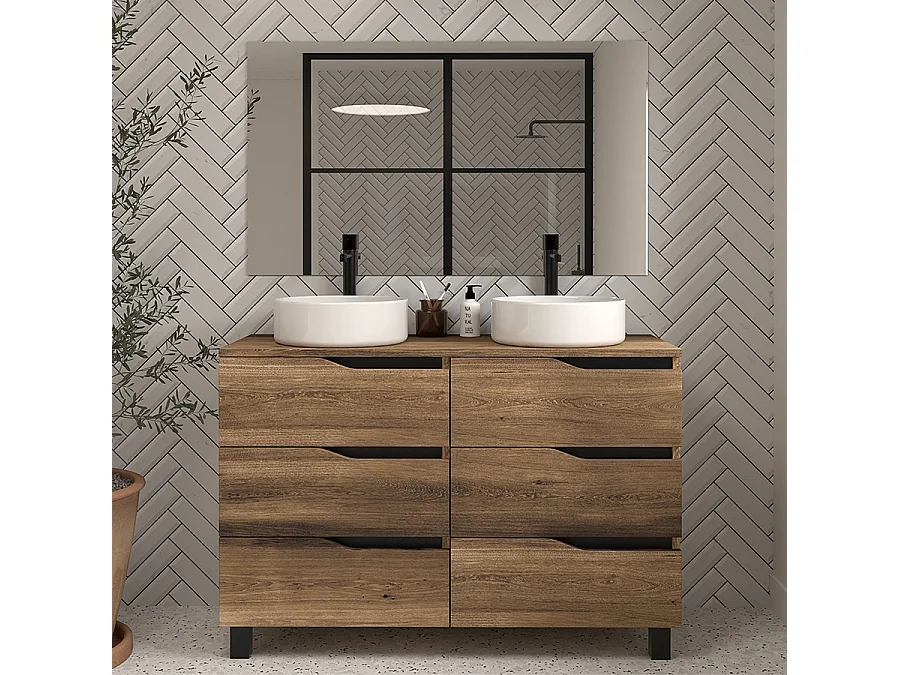 Meuble de salle de bain 120 avec plateau et 2 vasques à poser - 6 tiroirs - tabaco (bois foncé) - MATA