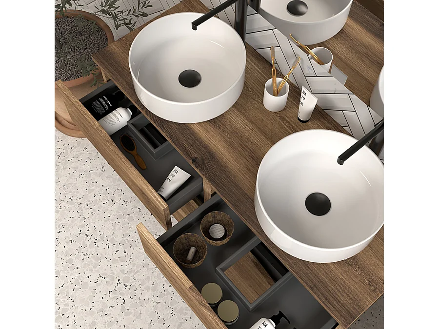 Meuble de salle de bain 120 avec plateau et 2 vasques à poser - 6 tiroirs - tabaco (bois foncé) - MATA