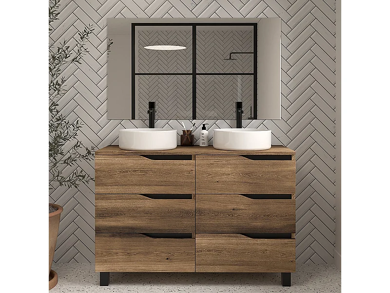Meuble de salle de bain 120 avec plateau et 2 vasques à poser - 6 tiroirs - tabaco (bois foncé) - MATA
