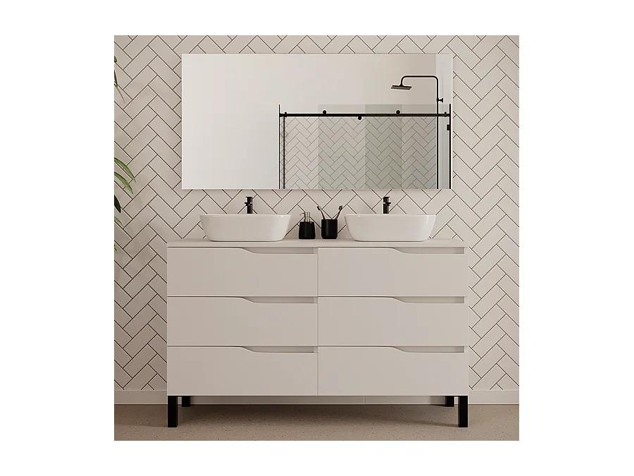 Meuble de salle de bain 140cm avec plateau et deux vasques à poser zeus - 6 tiroirs - blanc - MATA