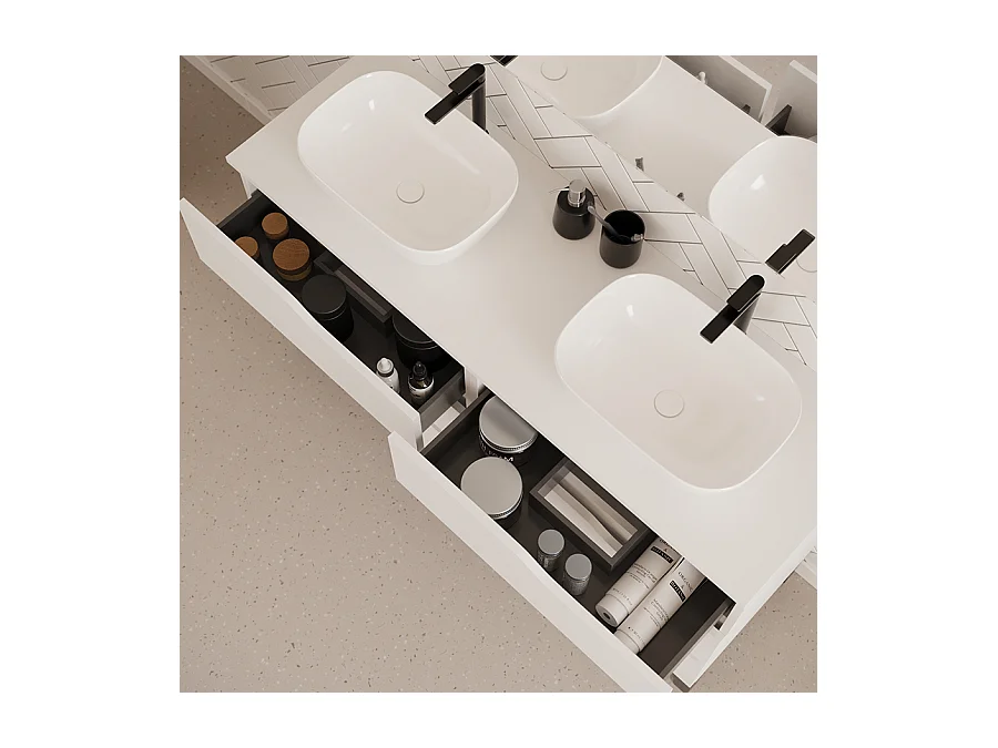 Meuble de salle de bain 140cm avec plateau et deux vasques à poser zeus - 6 tiroirs - blanc - MATA