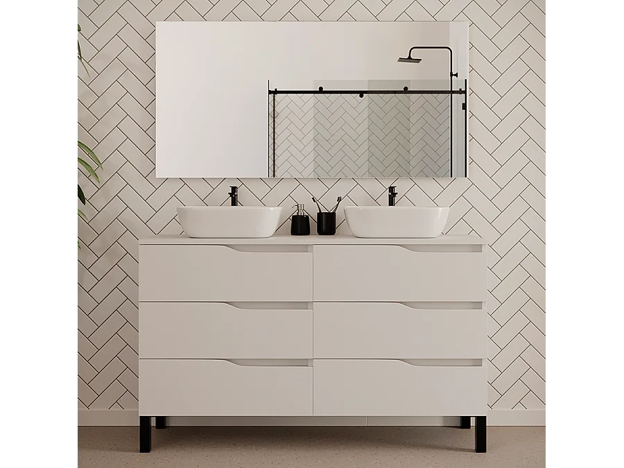 Meuble de salle de bain 140cm avec plateau et deux vasques à poser zeus - 6 tiroirs - blanc - MATA