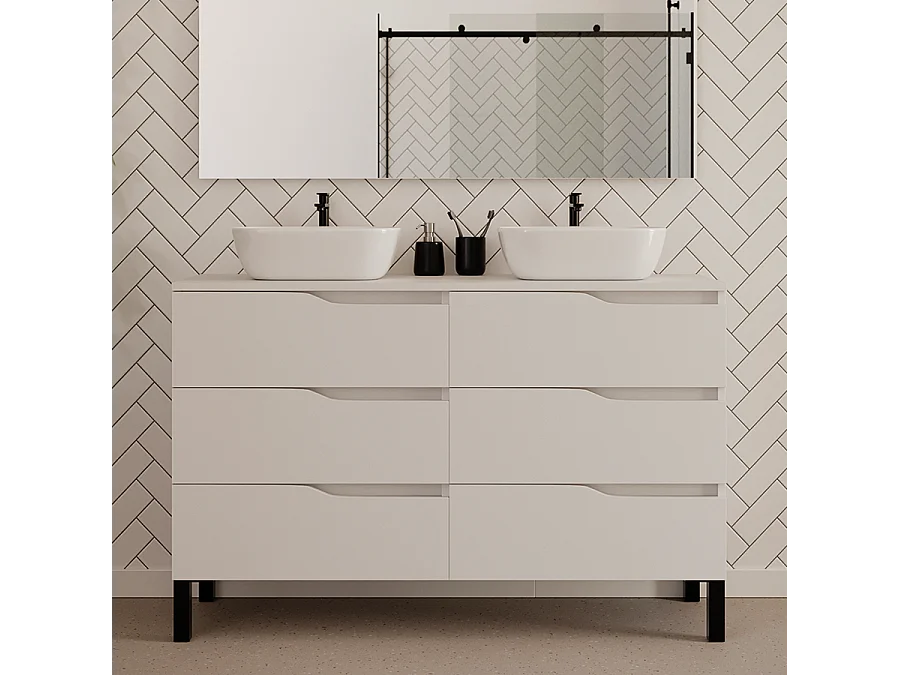 Meuble de salle de bain 140cm avec plateau et deux vasques à poser zeus - 6 tiroirs - blanc - MATA