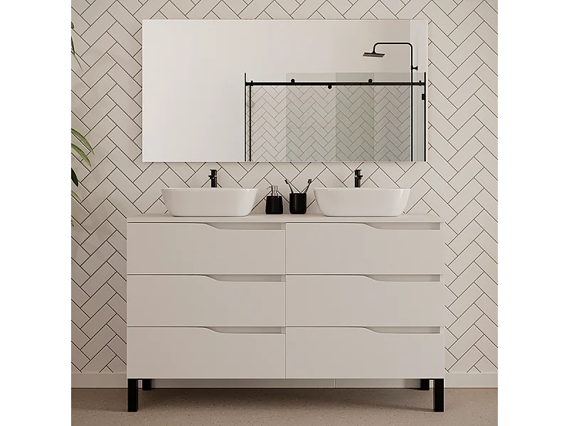 Meuble de salle de bain 140cm avec plateau et deux vasques à poser zeus - 6 tiroirs - blanc - MATA