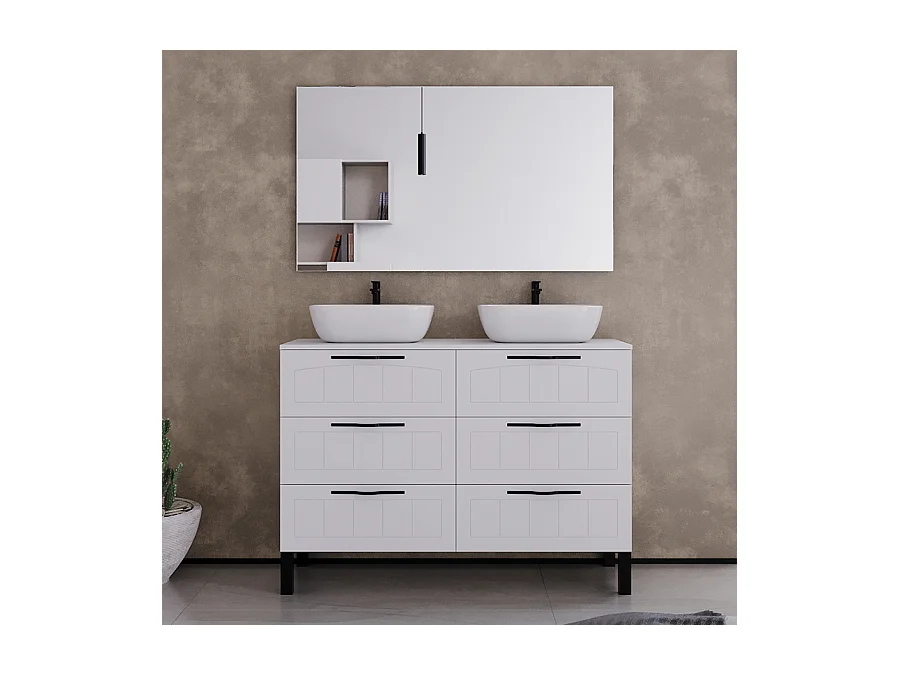 Meuble de salle de bain 120cm avec plateau et deux vasques à poser ovales - 6 tiroirs - blanc - CALA