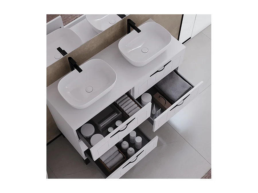 Meuble de salle de bain 120cm avec plateau et deux vasques à poser ovales - 6 tiroirs - blanc - CALA