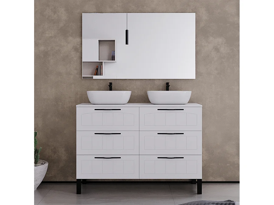 Meuble de salle de bain 120cm avec plateau et deux vasques à poser ovales - 6 tiroirs - blanc - CALA