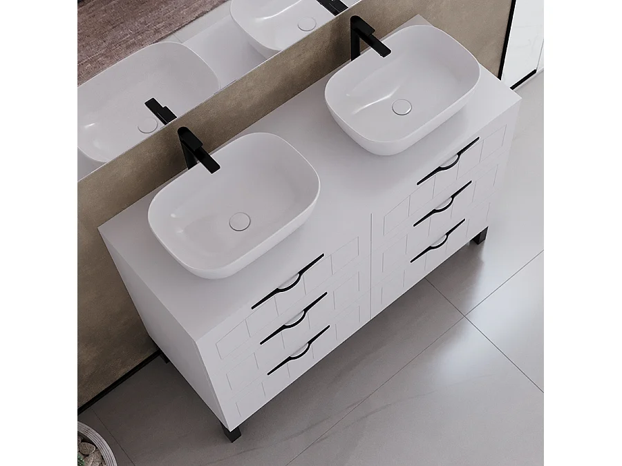 Meuble de salle de bain 120cm avec plateau et deux vasques à poser ovales - 6 tiroirs - blanc - CALA