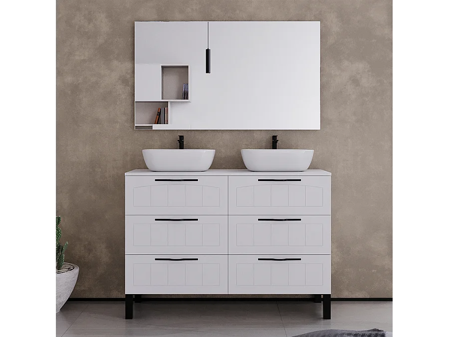 Meuble de salle de bain 120cm avec plateau et deux vasques à poser ovales - 6 tiroirs - blanc - CALA