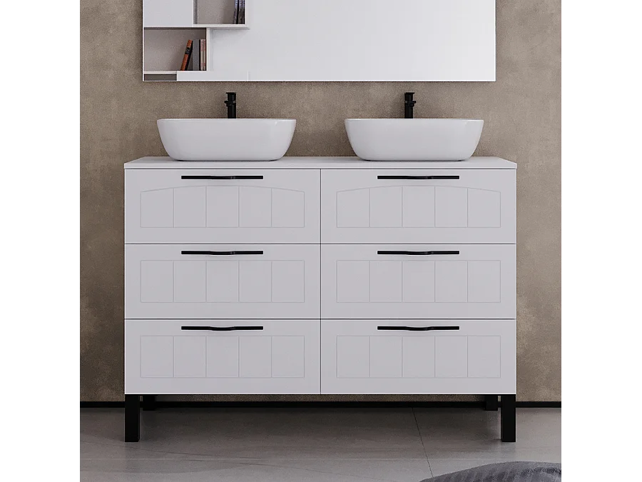 Meuble de salle de bain 120cm avec plateau et deux vasques à poser ovales - 6 tiroirs - blanc - CALA