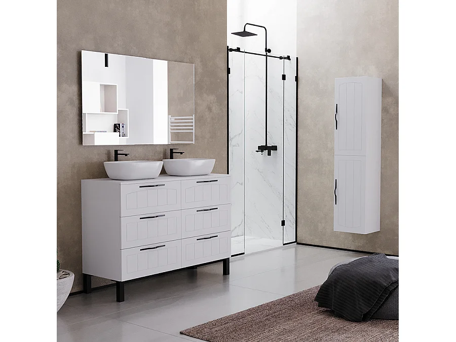 Meuble de salle de bain 120cm avec plateau et deux vasques à poser ovales - 6 tiroirs - blanc - CALA