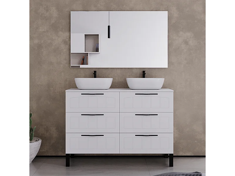 Meuble de salle de bain 120cm avec plateau et deux vasques à poser ovales - 6 tiroirs - blanc - CALA