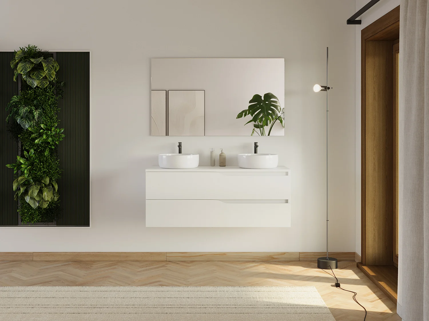 Meuble de salle de bain 120cm avec plateau et 2 vasques à poser Ares - 2 tiroirs - sans miroir - blanc - LUNA