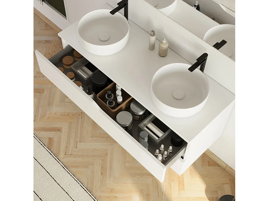 Meuble de salle de bain 120cm avec plateau et 2 vasques à poser Ares - 2 tiroirs - sans miroir - blanc - LUNA