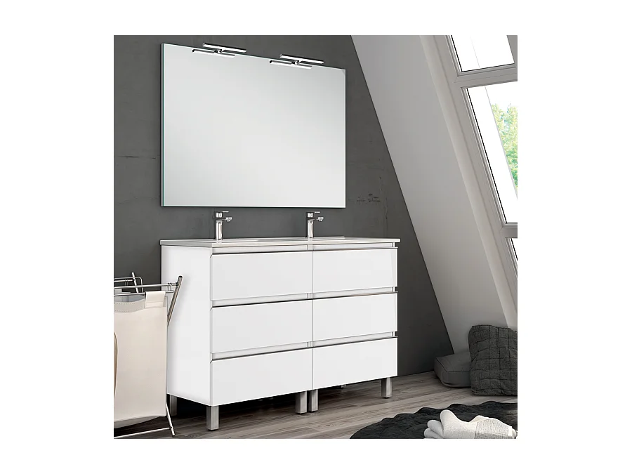 Meuble de salle de bain 140cm double vasque - 6 tiroirs - PALMA - blanc