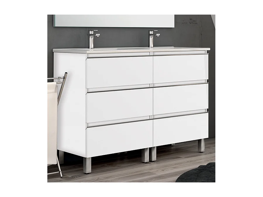 Meuble de salle de bain 140cm double vasque - 6 tiroirs - PALMA - blanc