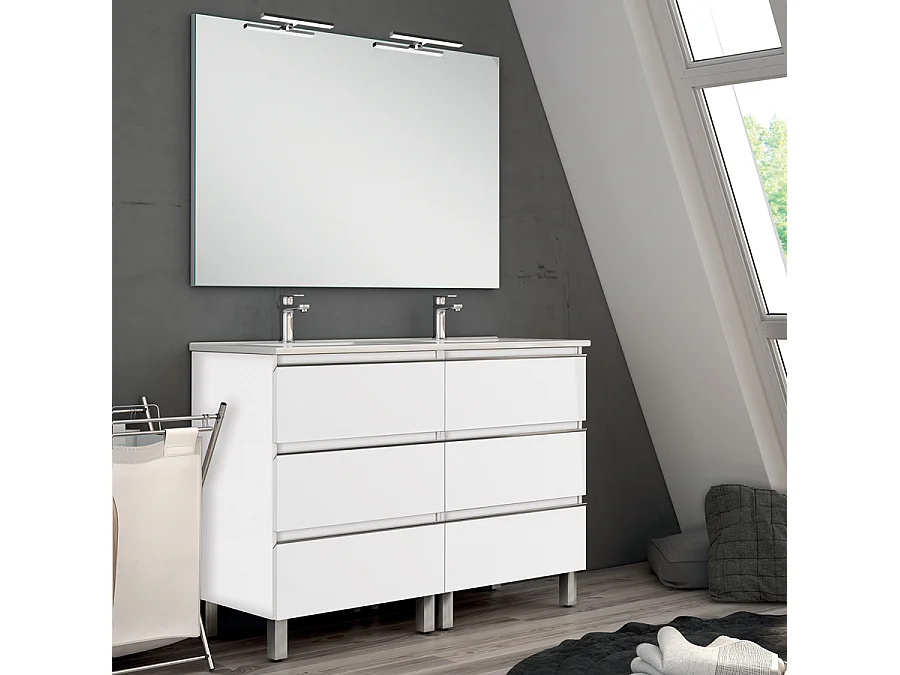 Meuble de salle de bain 140cm double vasque - 6 tiroirs - PALMA - blanc