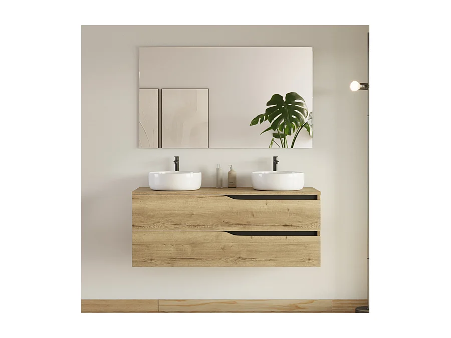 Meuble de salle de bain 120cm avec plateau et 2 vasques à poser Ares - 2 tiroirs - madera miel (bois clair) - LUNA