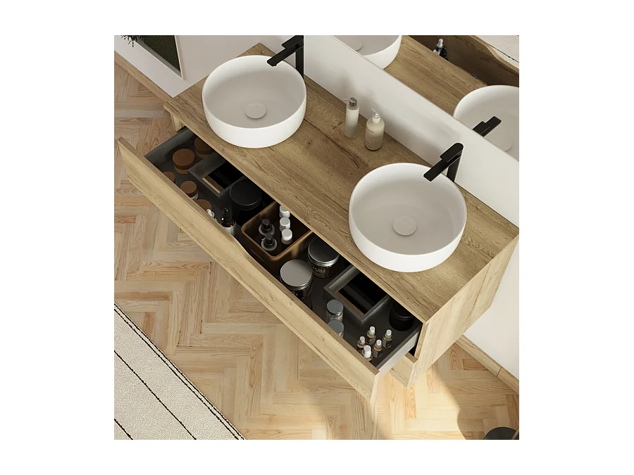 Meuble de salle de bain 120cm avec plateau et 2 vasques à poser Ares - 2 tiroirs - madera miel (bois clair) - LUNA