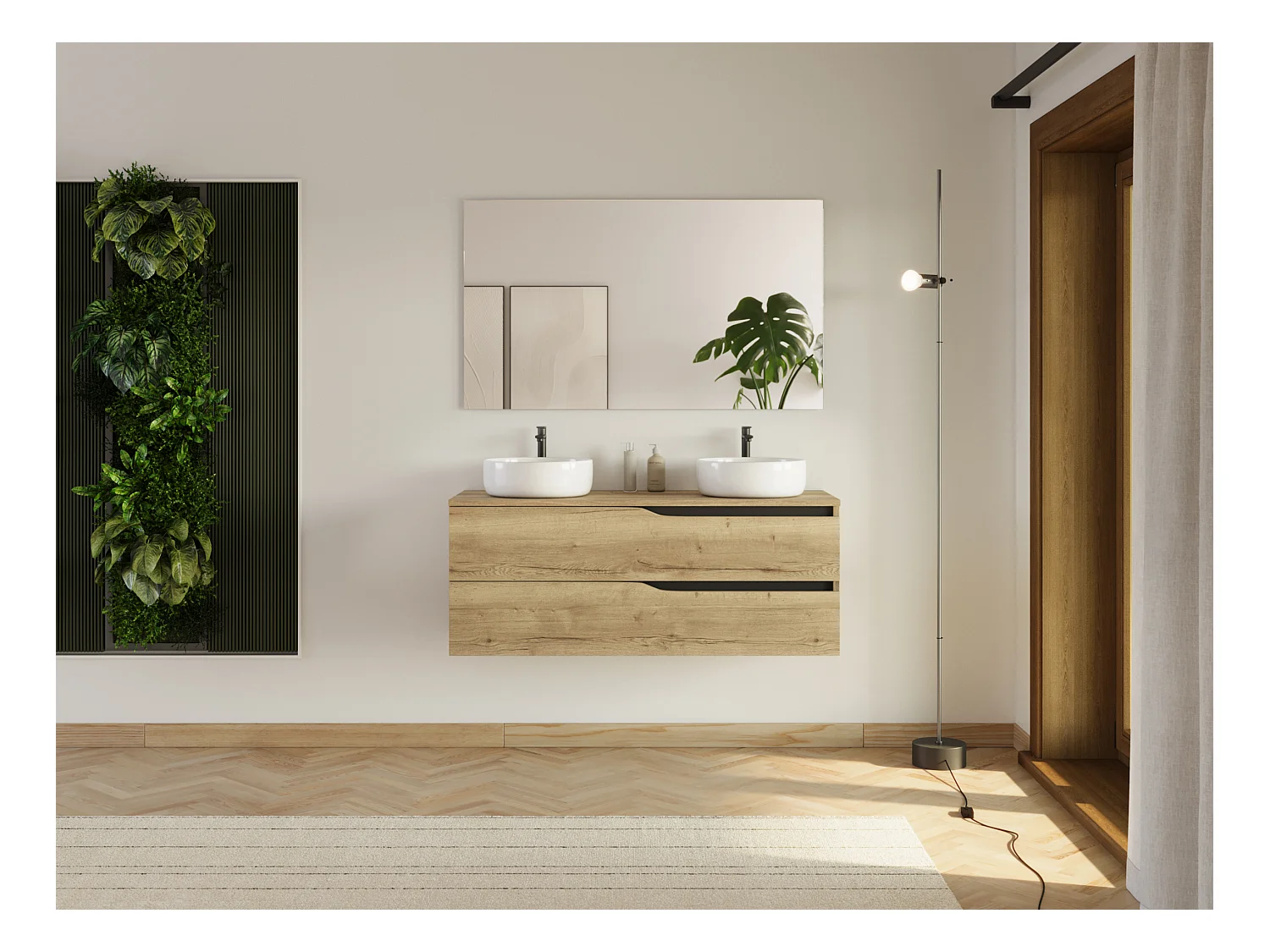 Meuble de salle de bain 120cm avec plateau et 2 vasques à poser Ares - 2 tiroirs - madera miel (bois clair) - LUNA