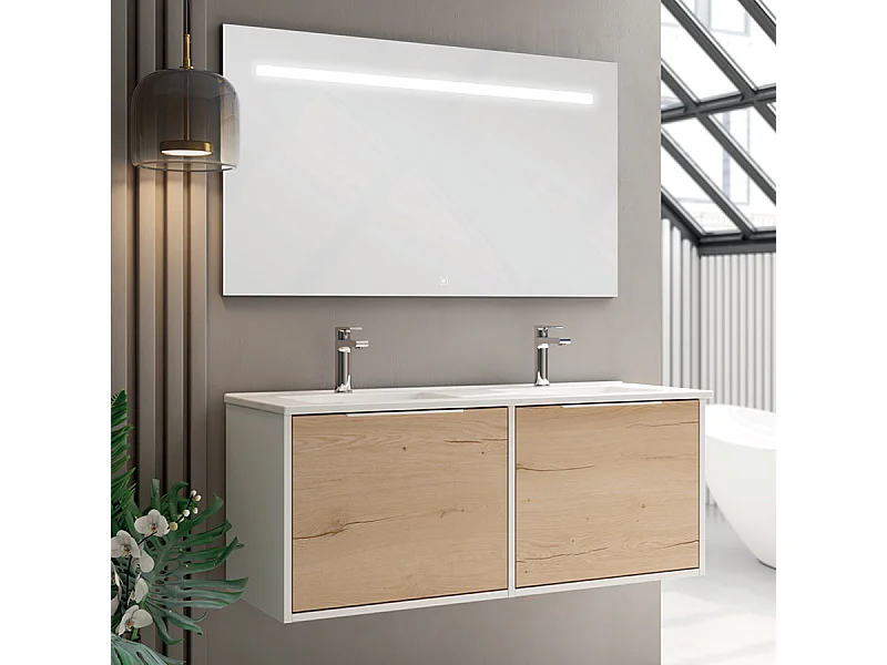 Meuble de salle de bain double vasque - 2 façades et 4 tiroirs - ALBA et miroir Led STAM - blanc-Chêne - 120cm