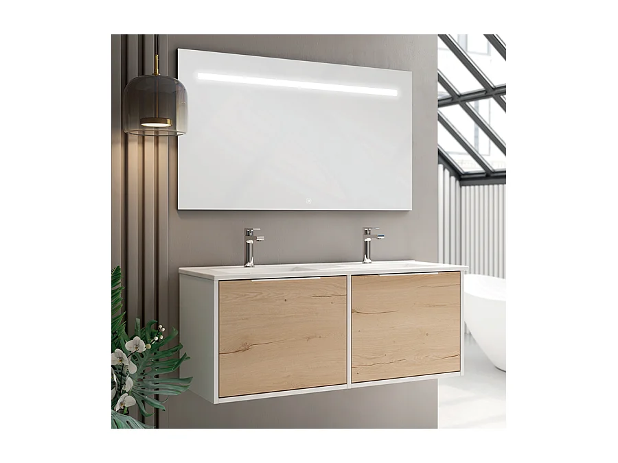 Meuble de salle de bain double vasque - 2 façades et 4 tiroirs - ALBA et miroir Led STAM - blanc-Chêne - 120cm